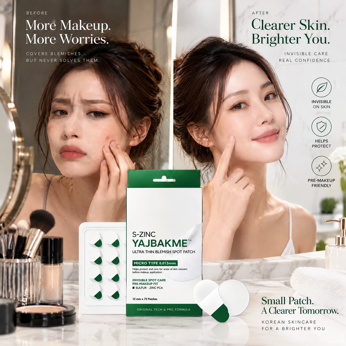 YAJBAKME™ Ultra Thin Invisible Blemish Patch – 0.013mm Hydrocolloid Spot Care Patch with Zinc PCA for Clearer Looking Skin